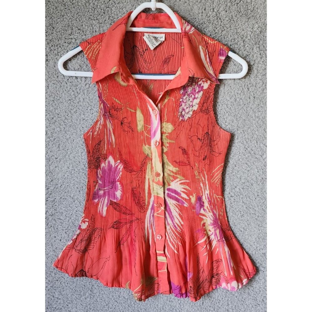 Rene Margo Sleeveless‎ Collared Button Up Crinkle Acordian Blouse Pink Floral L